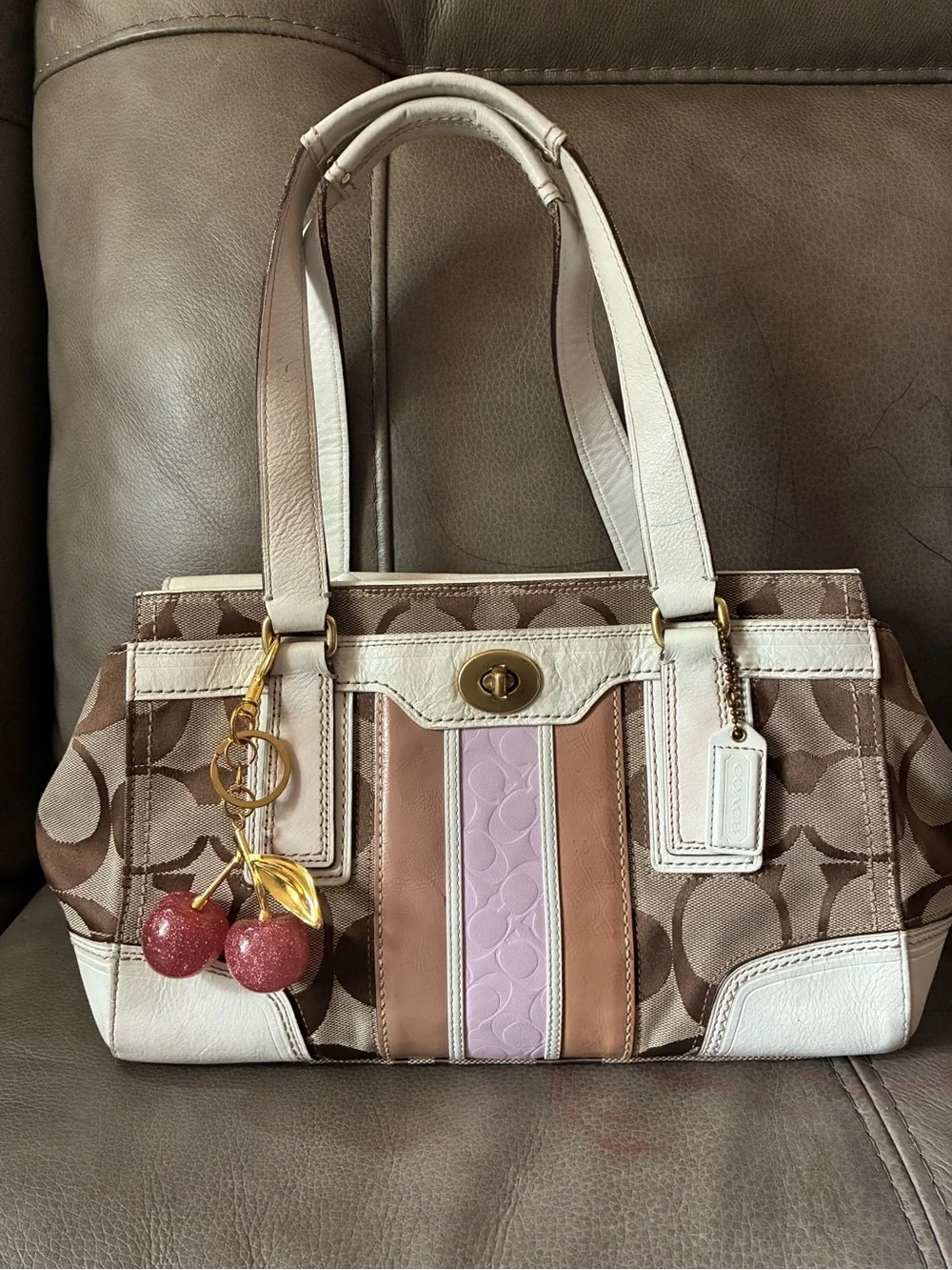 Coach Signature Canvas Tote with Pink and Brown Stripes - Picture 4 of 8